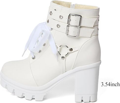 MEOTINA Goth Women Platform High Heel Boots Buckle Combat Ankle Booties | Features edgy gothic steampunk rave emo sexy cosplay styling, designed with thick heel, buckle, studded ,lace up and zipper in Saudi Arabia