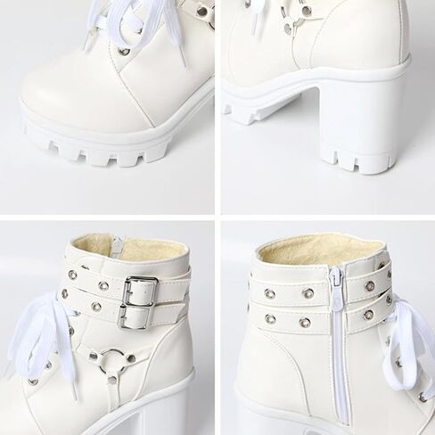 MEOTINA Goth Women Platform High Heel Boots Buckle Combat Ankle Booties | Features edgy gothic steampunk rave emo sexy cosplay styling, designed with thick heel, buckle, studded ,lace up and zipper in Saudi Arabia