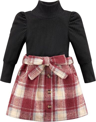 Toddler Girl Outfits Turtleneck Long Sleeve Ribbed Shirt Tops Plaid Mini Skirts 2Pcs Set Fall Winter Clothes 2-7T in Saudi Arabia