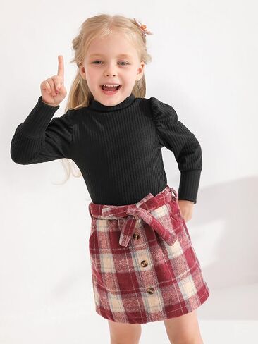 Toddler Girl Outfits Turtleneck Long Sleeve Ribbed Shirt Tops Plaid Mini Skirts 2Pcs Set Fall Winter Clothes 2-7T in Saudi Arabia