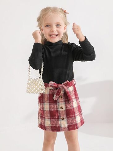Toddler Girl Outfits Turtleneck Long Sleeve Ribbed Shirt Tops Plaid Mini Skirts 2Pcs Set Fall Winter Clothes 2-7T in Saudi Arabia