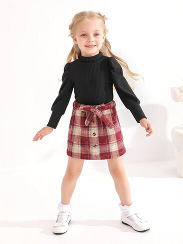 Toddler Girl Outfits Turtleneck Long Sleeve Ribbed Shirt Tops Plaid Mini Skirts 2Pcs Set Fall Winter Clothes 2-7T in Saudi Arabia