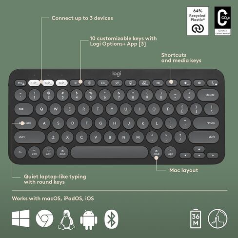 Logitech Pebble Keys 2 K380s for Mac, Wireless Keyboard, Slim, Quiet and Portable, Customizable, Bluetooth Keyboard, Easy-Switch, for macOS, iPadOS - Graphite (Renewed) in Saudi Arabia