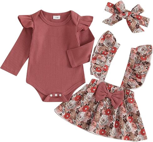 طفلة الخريف الشتاء وتتسابق الوليد طويلة الأكمام كشكش رومبير منقوشة/الزهور الحمالات تنورة مجموعة 3 قطعة ملابس الرضع in Kuwait