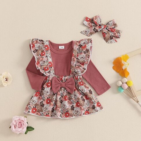 طفلة الخريف الشتاء وتتسابق الوليد طويلة الأكمام كشكش رومبير منقوشة/الزهور الحمالات تنورة مجموعة 3 قطعة ملابس الرضع in Kuwait