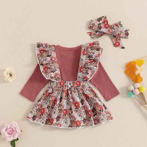 طفلة الخريف الشتاء وتتسابق الوليد طويلة الأكمام كشكش رومبير منقوشة/الزهور الحمالات تنورة مجموعة 3 قطعة ملابس الرضع in Kuwait