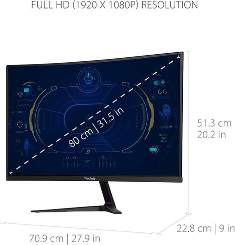 شاشة الألعاب فيوسونيك أومني VX3218C-2K مقاس 32 بوصة منحنية 1 مللي ثانية 1440 بكسل 165 هرتز مع تقنية FreeSync Premium والعناية بالعين ومنفذ HDMI ومنفذ العرض، أسود in Kuwait