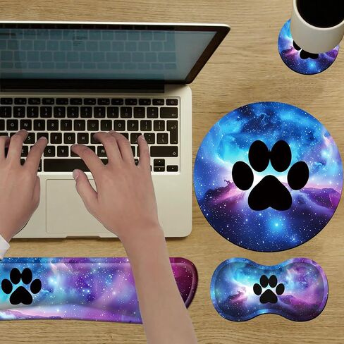 Mouse Pad Wrist Support Keyboard Wrist Rest Combo+Cup Coaster [4-in-1], Easy Typing Pain Relief, Memory Foam Gel Elbow Cushion Mousepad Set for Computer Laptop Office Home - Paw Galaxy in Kuwait