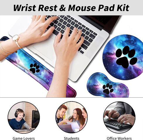 Mouse Pad Wrist Support Keyboard Wrist Rest Combo+Cup Coaster [4-in-1], Easy Typing Pain Relief, Memory Foam Gel Elbow Cushion Mousepad Set for Computer Laptop Office Home - Paw Galaxy in Kuwait