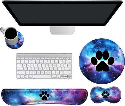 Mouse Pad Wrist Support Keyboard Wrist Rest Combo+Cup Coaster [4-in-1], Easy Typing Pain Relief, Memory Foam Gel Elbow Cushion Mousepad Set for Computer Laptop Office Home - Paw Galaxy in Kuwait