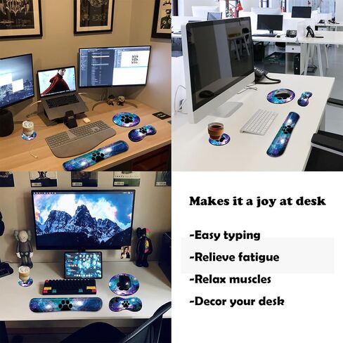 Mouse Pad Wrist Support Keyboard Wrist Rest Combo+Cup Coaster [4-in-1], Easy Typing Pain Relief, Memory Foam Gel Elbow Cushion Mousepad Set for Computer Laptop Office Home - Paw Galaxy in Kuwait