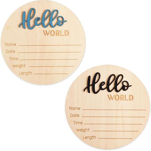 2 Pcs 5.9 Inch Wooden Baby Announcement Sign, Newborn Welcome Sign Hello World Baby Sign Birth Announcement Sign Round Name Plaques for Nursery Decorations Photo Props(Black+Blue) in Kuwait