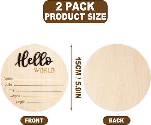 2 Pcs 5.9 Inch Wooden Baby Announcement Sign, Newborn Welcome Sign Hello World Baby Sign Birth Announcement Sign Round Name Plaques for Nursery Decorations Photo Props(Black+Blue) in Kuwait