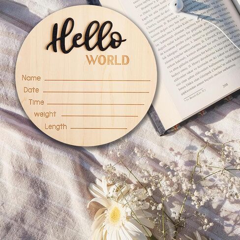 2 Pcs 5.9 Inch Wooden Baby Announcement Sign, Newborn Welcome Sign Hello World Baby Sign Birth Announcement Sign Round Name Plaques for Nursery Decorations Photo Props(Black+Blue) in Kuwait