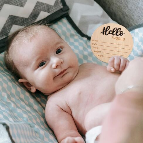 2 Pcs 5.9 Inch Wooden Baby Announcement Sign, Newborn Welcome Sign Hello World Baby Sign Birth Announcement Sign Round Name Plaques for Nursery Decorations Photo Props(Black+Blue) in Kuwait