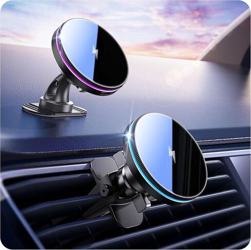 Beser لشاحن MagSafe Car Mount Charger، (4.13 lbf) مغناطيسي كبير، شاحن لاسلكي Qi بقدرة 15 وات للسيارة، فتحة تهوية/لوحة القيادة، حامل هاتف لسلسلة iPhone 16/15/14/13/12، 7 أضواء ملونة، ألومنيوم، رمادي فلكي in Kuwait