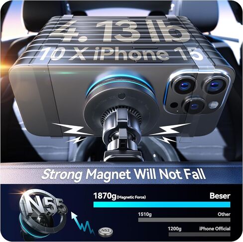 Beser لشاحن MagSafe Car Mount Charger، (4.13 lbf) مغناطيسي كبير، شاحن لاسلكي Qi بقدرة 15 وات للسيارة، فتحة تهوية/لوحة القيادة، حامل هاتف لسلسلة iPhone 16/15/14/13/12، 7 أضواء ملونة، ألومنيوم، رمادي فلكي in Kuwait