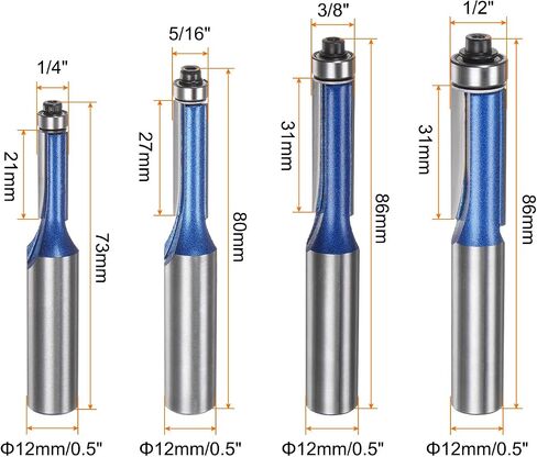 HARFINGTON Flush Trim Router Bit 6mm Shank 1/4" 1/2" 5/16" 3/8" Dia Top Bearing Flush Straight Cut Trim Router Bits كربيد للوحة الجسيمات الخشب الرقائقي MDF، أزرق in Kuwait