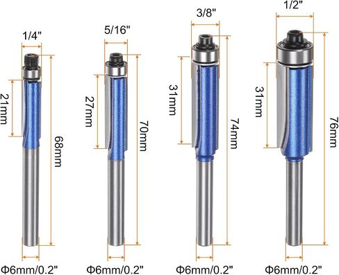 HARFINGTON Flush Trim Router Bit 6mm Shank 1/4" 1/2" 5/16" 3/8" Dia Top Bearing Flush Straight Cut Trim Router Bits كربيد للوحة الجسيمات الخشب الرقائقي MDF، أزرق in Kuwait