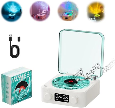 مشغل The Waves Vinyl، مكبر صوت بلوتوث Waves Vinyl، مشغل أقراص مضغوطة محمول يبدو وكأنه مشغل تسجيل، مكبر صوت بلوتوث لاسلكي عتيق الطراز مع أضواء محيطة - أبيض in Kuwait