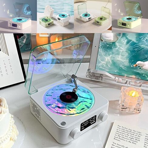مشغل The Waves Vinyl، مكبر صوت بلوتوث Waves Vinyl، مشغل أقراص مضغوطة محمول يبدو وكأنه مشغل تسجيل، مكبر صوت بلوتوث لاسلكي عتيق الطراز مع أضواء محيطة - أبيض in Kuwait