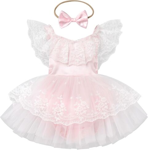 FYMNSI Infant Baby Girl 1st Birthday Outfit Floral Lace Tulle Romper Tutu Dress Headband 2PCS Bodysuit Princess Summer Clothe in Kuwait
