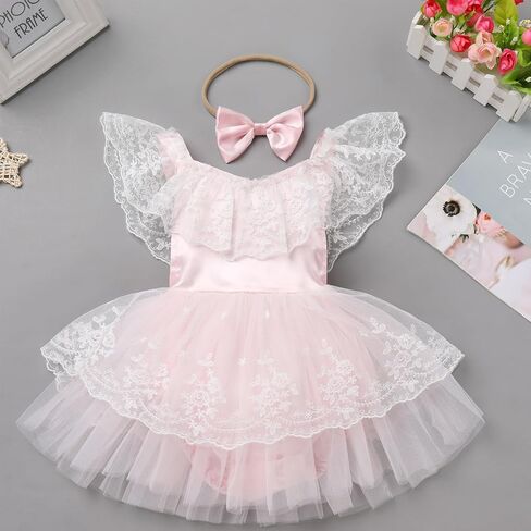 FYMNSI Infant Baby Girl 1st Birthday Outfit Floral Lace Tulle Romper Tutu Dress Headband 2PCS Bodysuit Princess Summer Clothe in Kuwait