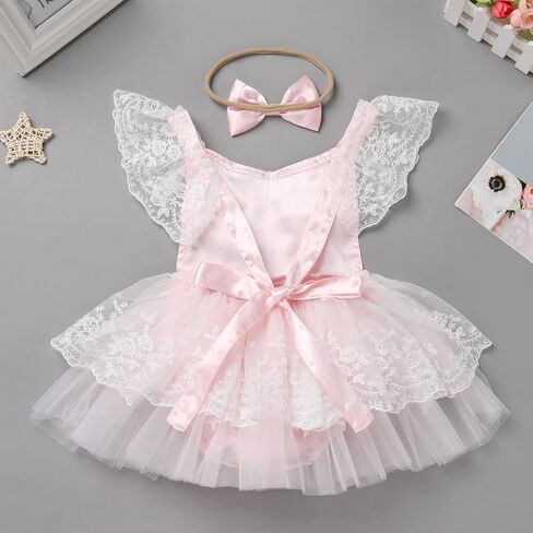 FYMNSI Infant Baby Girl 1st Birthday Outfit Floral Lace Tulle Romper Tutu Dress Headband 2PCS Bodysuit Princess Summer Clothe in Kuwait