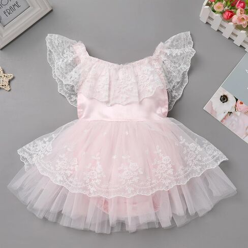 FYMNSI Infant Baby Girl 1st Birthday Outfit Floral Lace Tulle Romper Tutu Dress Headband 2PCS Bodysuit Princess Summer Clothe in Kuwait