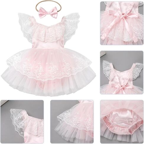 FYMNSI Infant Baby Girl 1st Birthday Outfit Floral Lace Tulle Romper Tutu Dress Headband 2PCS Bodysuit Princess Summer Clothe in Kuwait