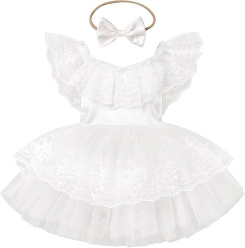 FYMNSI Infant Baby Girl 1st Birthday Outfit Floral Lace Tulle Romper Tutu Dress Headband 2PCS Bodysuit Princess Summer Clothe in Kuwait