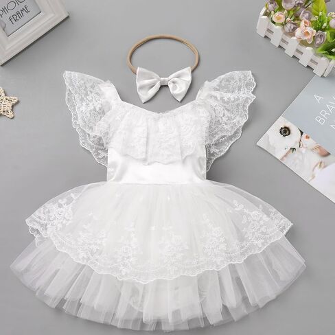 FYMNSI Infant Baby Girl 1st Birthday Outfit Floral Lace Tulle Romper Tutu Dress Headband 2PCS Bodysuit Princess Summer Clothe in Kuwait