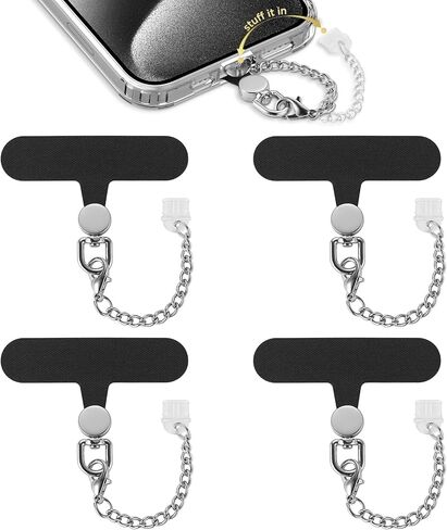 OUTXE 4 قطع من شريط ربط الهاتف ومقبس غبار USB من النوع C مع سلسلة معدنية سهلة الإمساك، رقعة حبل الهاتف لحزام الهاتف المتوافق مع منفذ الهاتف الخلوي من النوع C (أسود) in Kuwait