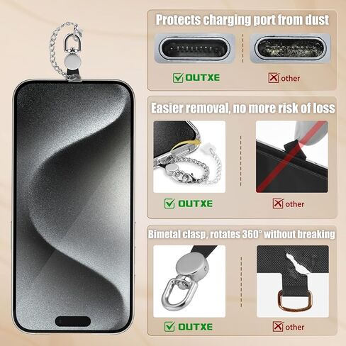 OUTXE 4 قطع من شريط ربط الهاتف ومقبس غبار USB من النوع C مع سلسلة معدنية سهلة الإمساك، رقعة حبل الهاتف لحزام الهاتف المتوافق مع منفذ الهاتف الخلوي من النوع C (أسود) in Kuwait