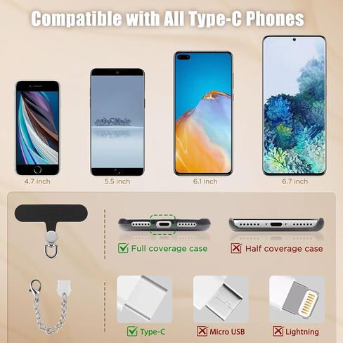 OUTXE 4 قطع من شريط ربط الهاتف ومقبس غبار USB من النوع C مع سلسلة معدنية سهلة الإمساك، رقعة حبل الهاتف لحزام الهاتف المتوافق مع منفذ الهاتف الخلوي من النوع C (أسود) in Kuwait