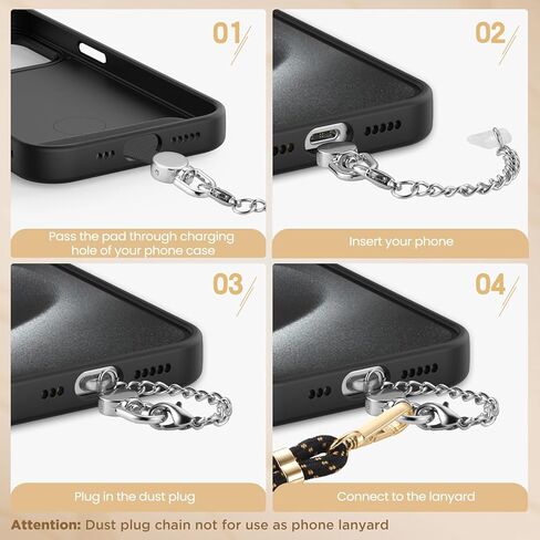 OUTXE 4 قطع من شريط ربط الهاتف ومقبس غبار USB من النوع C مع سلسلة معدنية سهلة الإمساك، رقعة حبل الهاتف لحزام الهاتف المتوافق مع منفذ الهاتف الخلوي من النوع C (أسود) in Kuwait