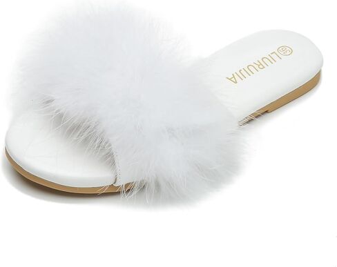 LIURUIJIA Women's Fluffy Feather Slippers Fur Slide Flat Sandals Cozy Slip On Stylish Summer Casual Party Indoor Outdoor Flats Shoes in Kuwait