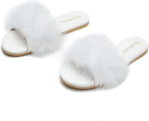 LIURUIJIA Women's Fluffy Feather Slippers Fur Slide Flat Sandals Cozy Slip On Stylish Summer Casual Party Indoor Outdoor Flats Shoes in Kuwait