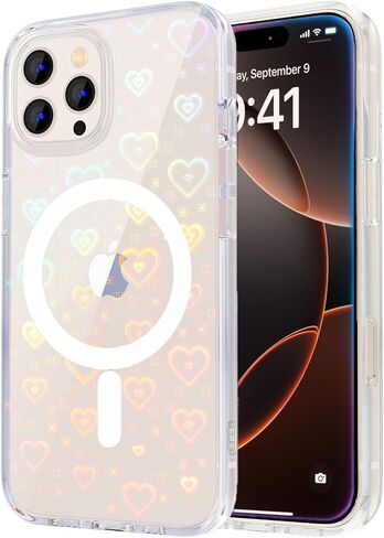 for iPhone 16 Pro Max Case, Clear Cute Glitter Laser Holographic Heart Pattern for Women Girls, Anti-Yellow Hard PC Protective Cover Phone Case for Apple iPhone 16 ProMax, Rainbow Heart in Saudi Arabia