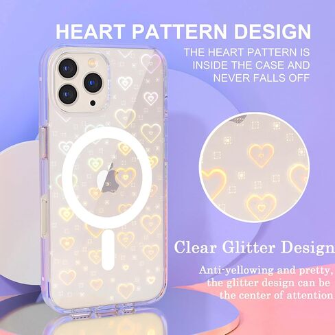 for iPhone 16 Pro Max Case, Clear Cute Glitter Laser Holographic Heart Pattern for Women Girls, Anti-Yellow Hard PC Protective Cover Phone Case for Apple iPhone 16 ProMax, Rainbow Heart in Saudi Arabia
