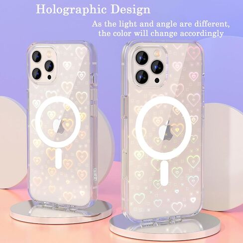 for iPhone 16 Pro Max Case, Clear Cute Glitter Laser Holographic Heart Pattern for Women Girls, Anti-Yellow Hard PC Protective Cover Phone Case for Apple iPhone 16 ProMax, Rainbow Heart in Saudi Arabia