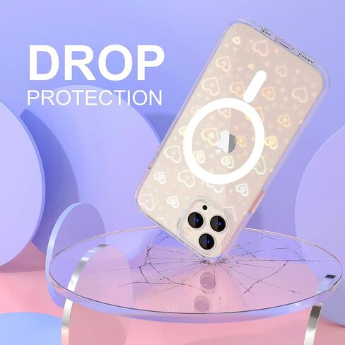 for iPhone 16 Pro Max Case, Clear Cute Glitter Laser Holographic Heart Pattern for Women Girls, Anti-Yellow Hard PC Protective Cover Phone Case for Apple iPhone 16 ProMax, Rainbow Heart in Saudi Arabia