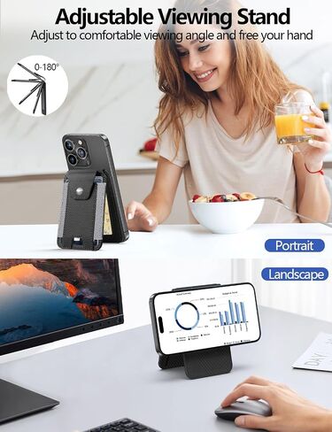 HiWe for Magsafe Wallet Stand with Privacy Flap Cover - Magnetic Card Holder for iPhone 16/15/14/13/12 Series, ID Window, 3 Card Slots, Fit 8 Cards, RFID Blocking, Vegan Leather, Black in Kuwait