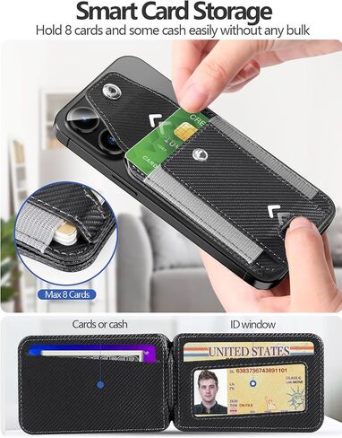 HiWe for Magsafe Wallet Stand with Privacy Flap Cover - Magnetic Card Holder for iPhone 16/15/14/13/12 Series, ID Window, 3 Card Slots, Fit 8 Cards, RFID Blocking, Vegan Leather, Black in Kuwait