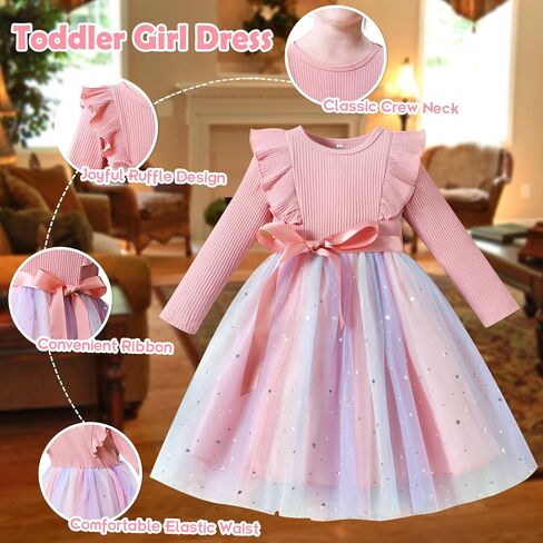 Toddler Girls Dresses Tulle Toddler Dress Long Sleeve Ruffle Baby Fall Winter Dresses for Girls Fashion Casual Dress in Kuwait