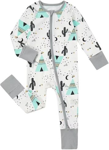 Teach Leanbh Unisex Baby Footless Pajamas with Mittens and Feet Cuffs Cotton 2 Way Zipper Long Sleeve Romper Sleep and Play in Kuwait