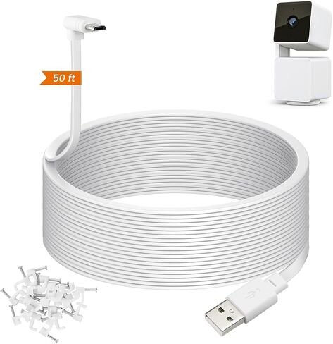 weishan 50ft Power Cord Compatible with Wyze Cam Pan v3 Security Camera - 15m Long Flat USB to Micro USB L-Shaped 90-Degree Charging Extension Cable, Black in Kuwait