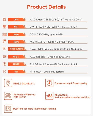 R7 AMD Ryzen7 5825U Mini PC 8C/16T، يدعم 44T (2 * 22T 2 Bay Storage، أجهزة كمبيوتر صغيرة 3 في 1 بدون ذاكرة وصول عشوائي ولا SSD مع فتحات M.2 مزدوجة 2.5G LAN Soft Router HTPC in Kuwait