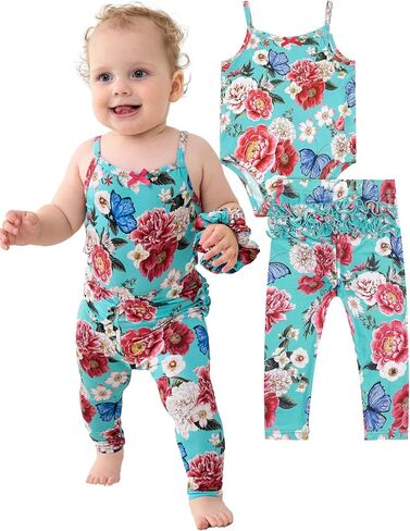 Baby Girl Summer Clothes Set Sleeveless Bodysuit and Ruffled Leggings Pants Set, Viscose from Bamboo in Saudi Arabia
