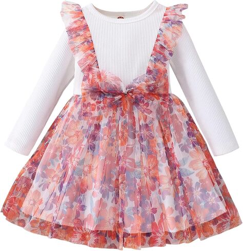 IDOPIP Toddler Baby Girl Tutu Dress Ribbed Ruffle Long Sleeve Princess Birthday Party Colorful Tulle Bow Dresses Fall Clothes in Saudi Arabia